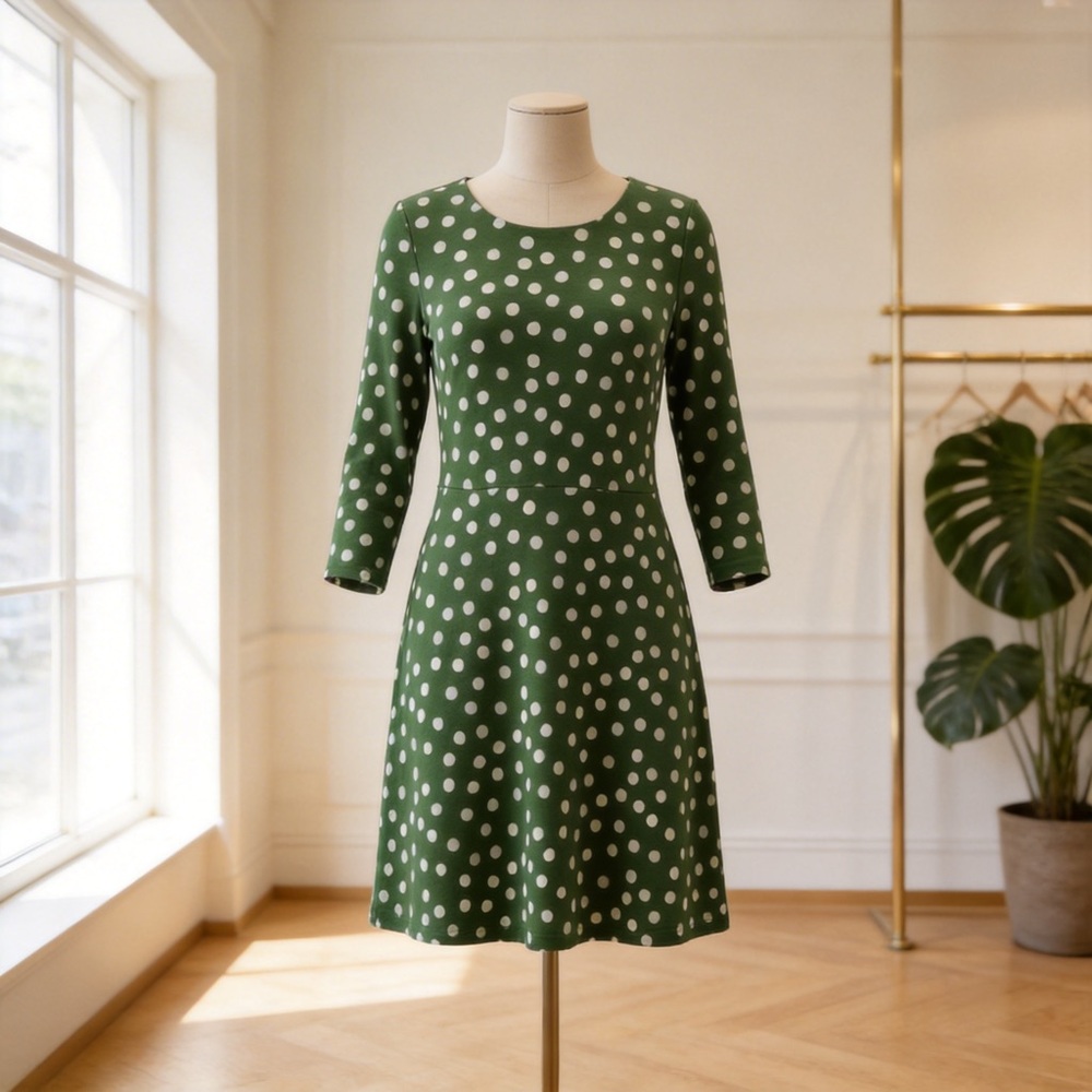 Boden Forest Green and White Polka Dot Midi Dress